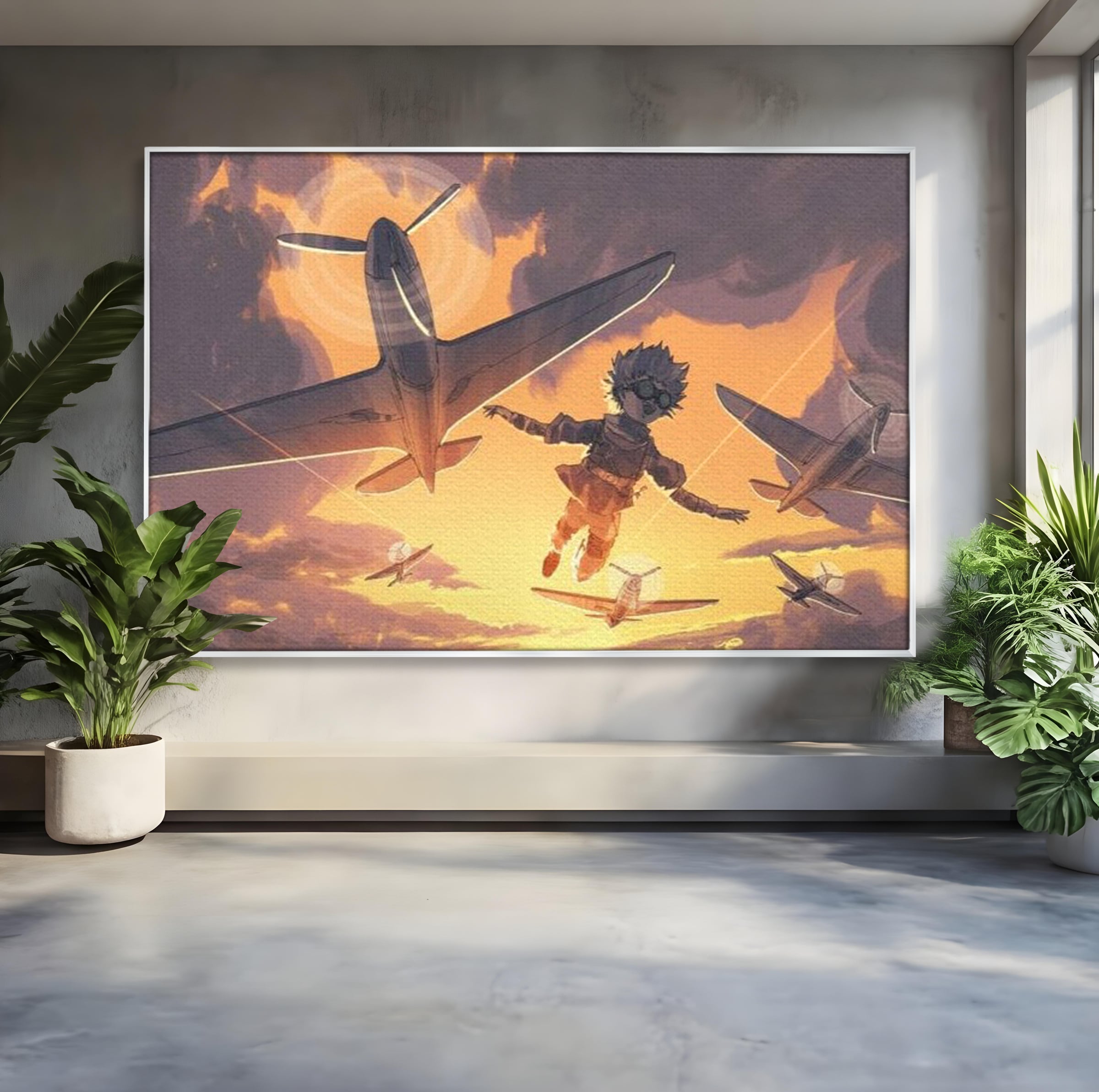 Tablou canvas cu ilustratie digitala cu un baietel zburand alaturi de avioane, in rama de aluminiu argintiu
